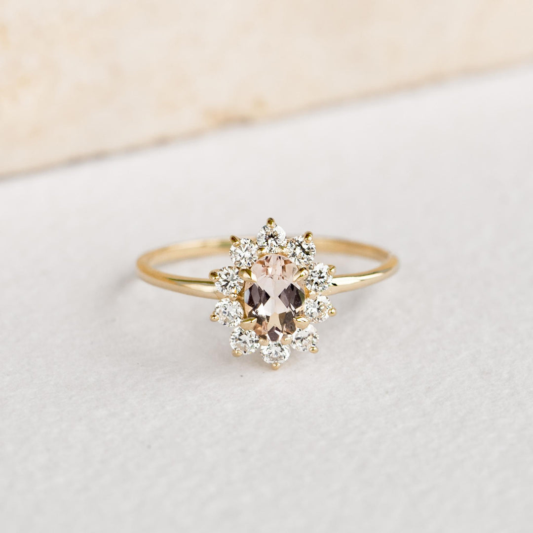 Sunburst Morganite Halo Ring - Evelina | Linjer Jewelry