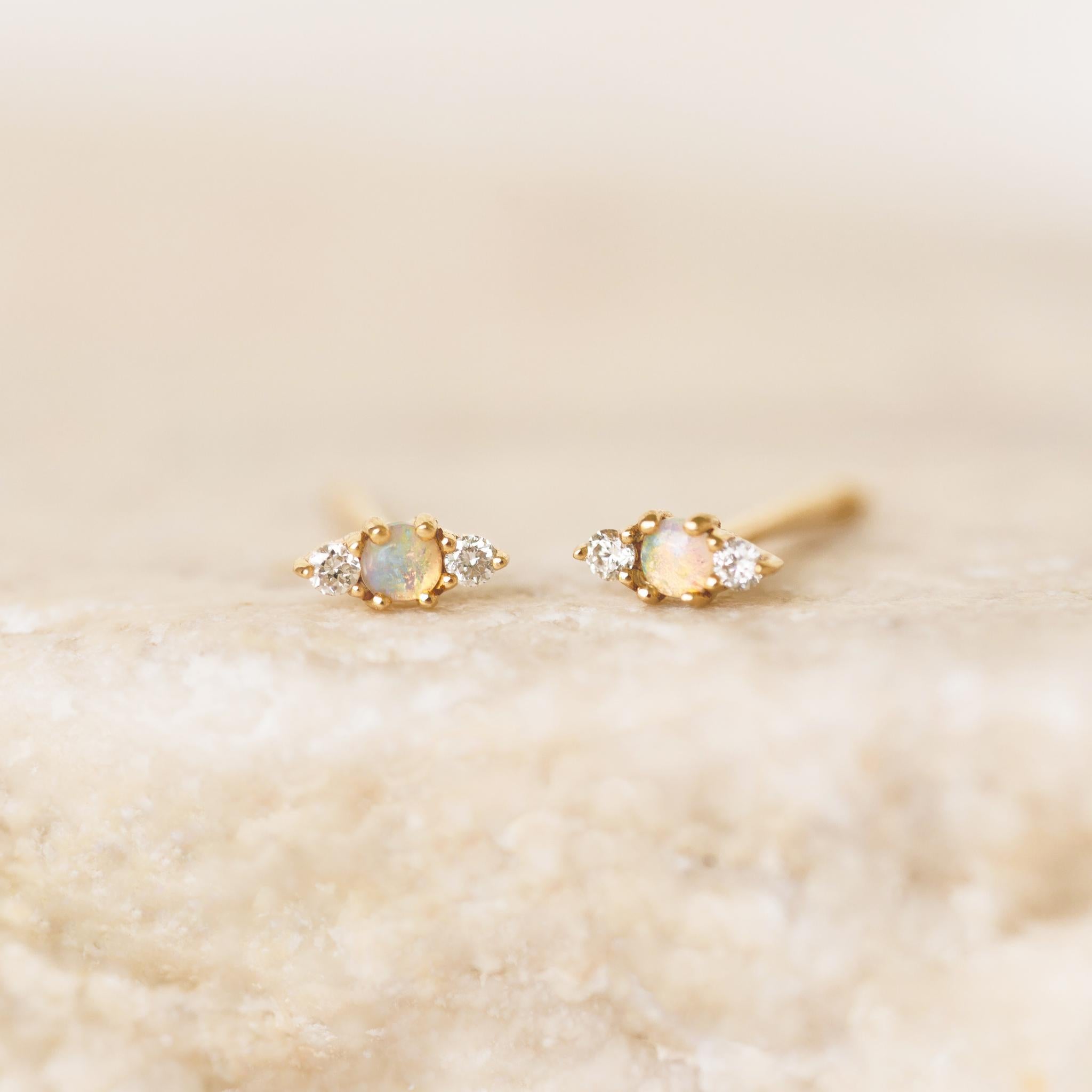 14K Solid Gold Opal Studs| Opal Screwback Fancy With Triple Diamond Design Stud | Gold Opal Studs | good 5x9mm