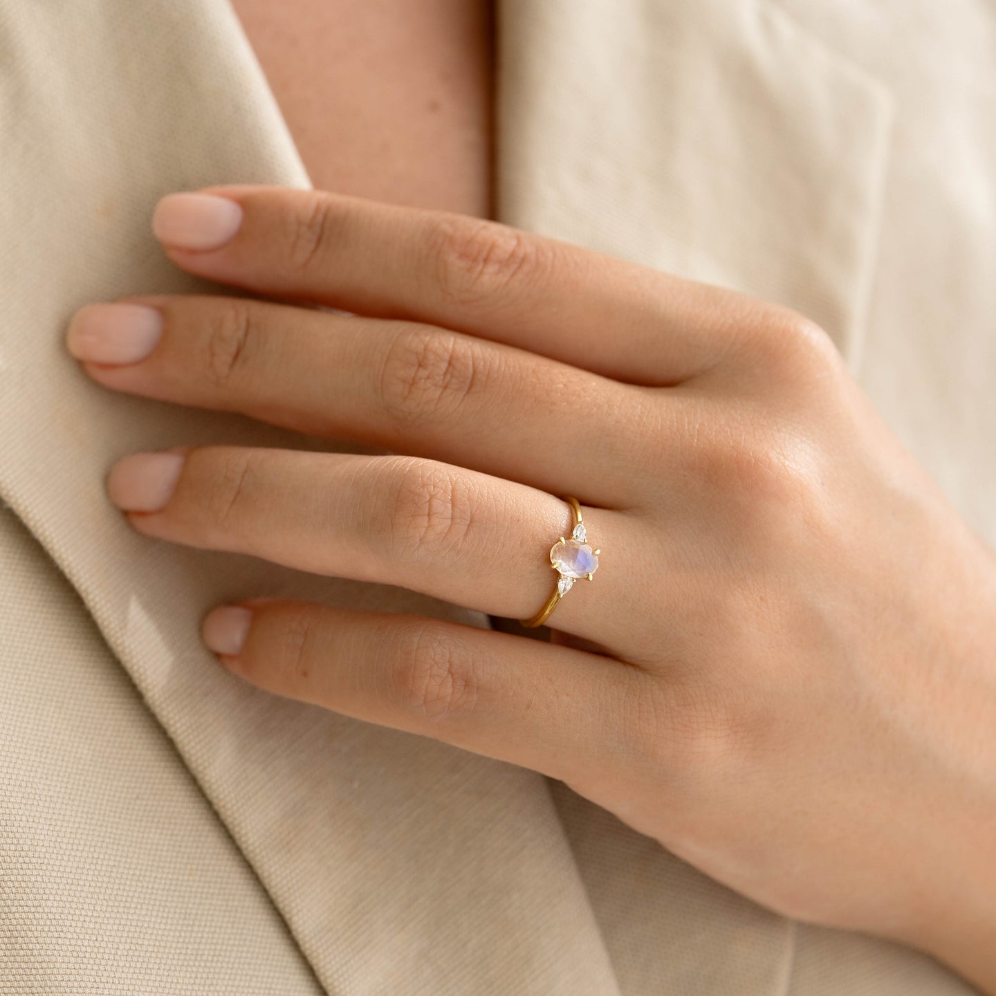 Moonstone and Diamond Ring 14k Gold - Maia