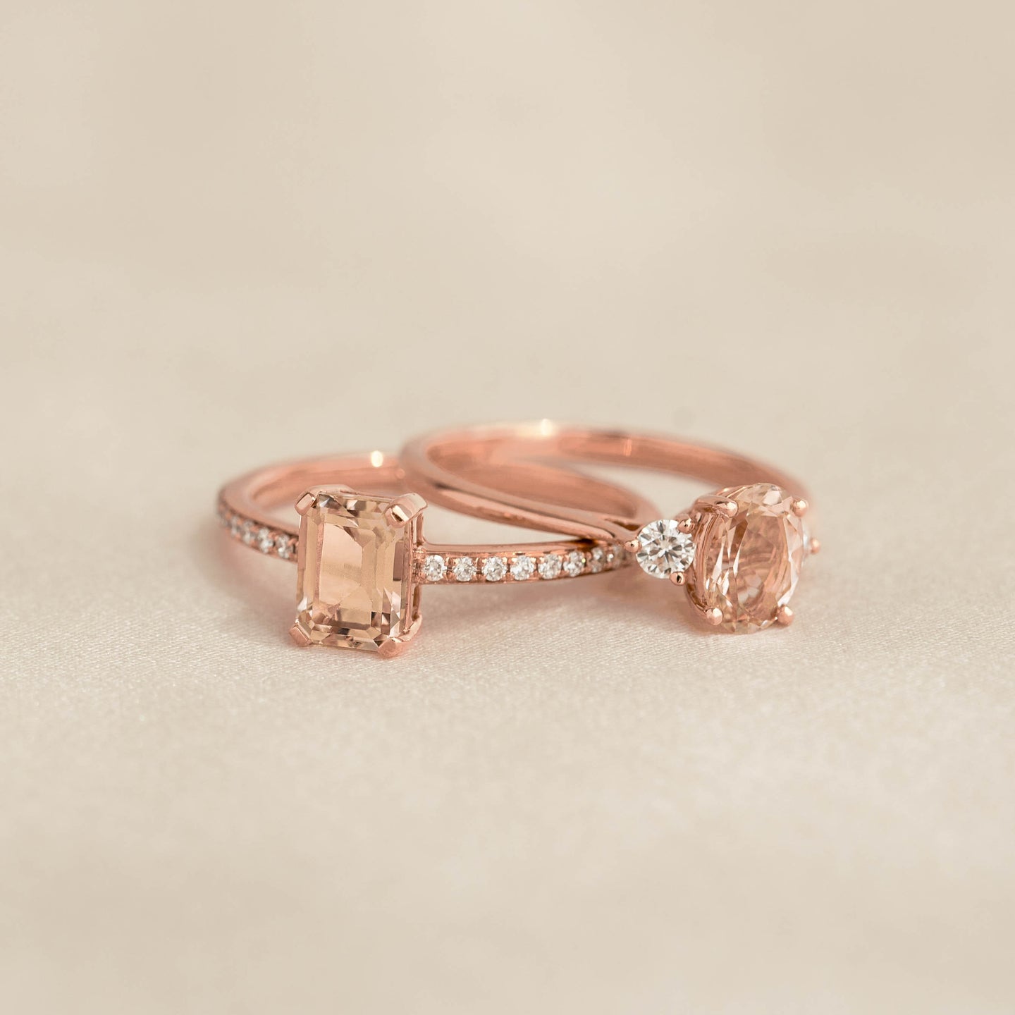 Baguette Morganite and Diamond Ring Rose Gold - Safiya