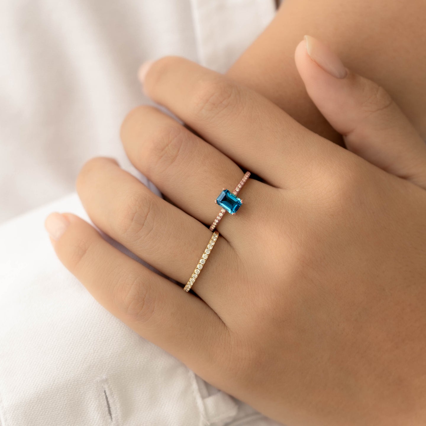 Baguette London Blue Topaz and Diamond Ring Rose Gold - Safiya