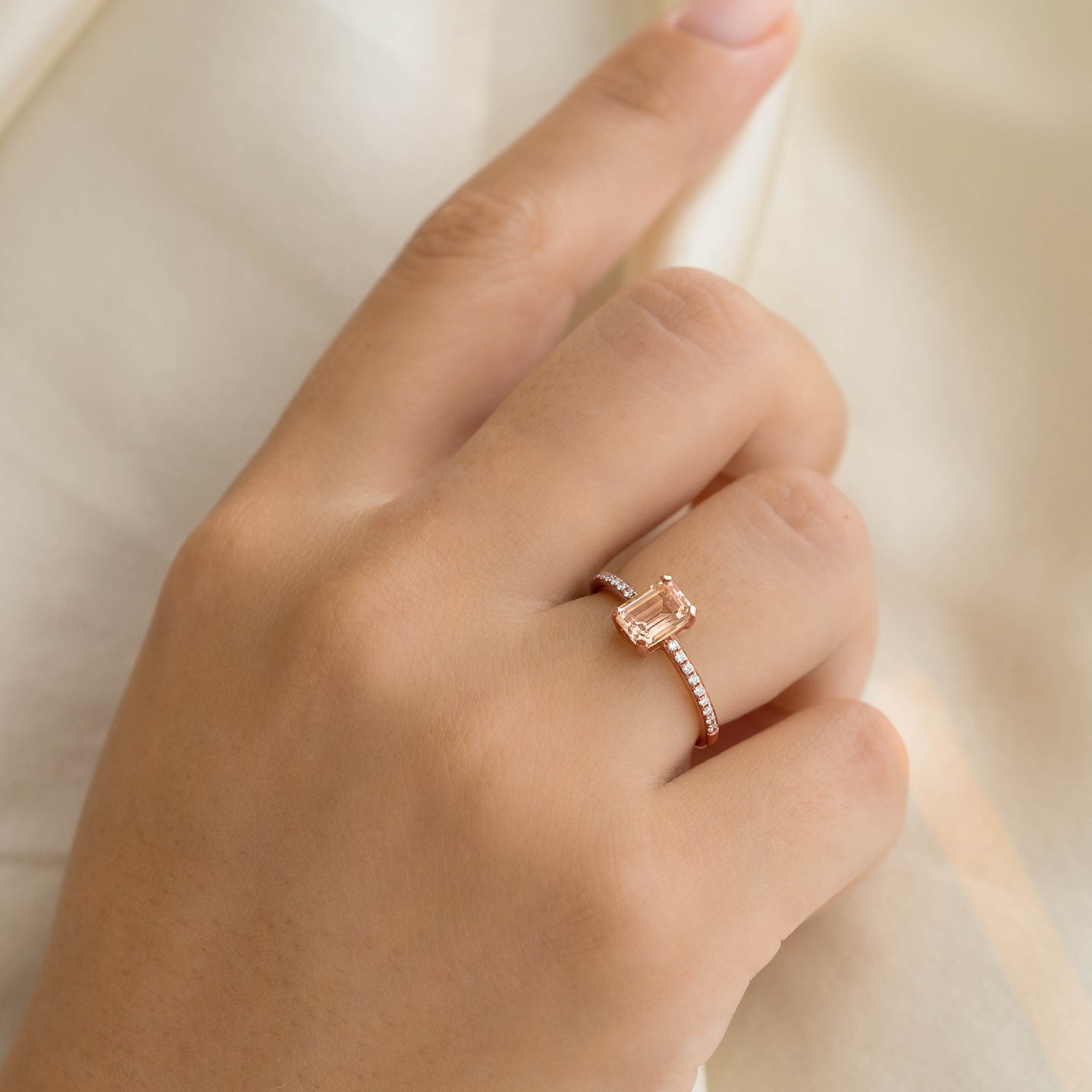 Baguette Morganite and Diamond Ring Rose Gold - Safiya