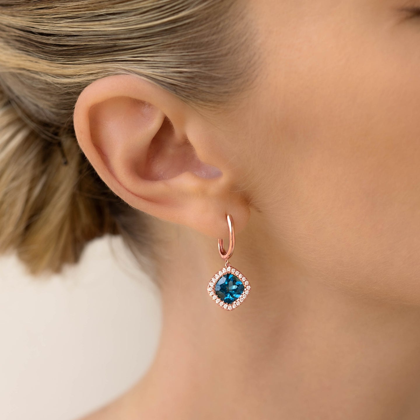 London Blue Topaz and Diamond Halo Drop Earrings Rose Gold - Elvira