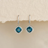 London Blue Topaz and Diamond Halo Drop Earrings White Gold - Elvira