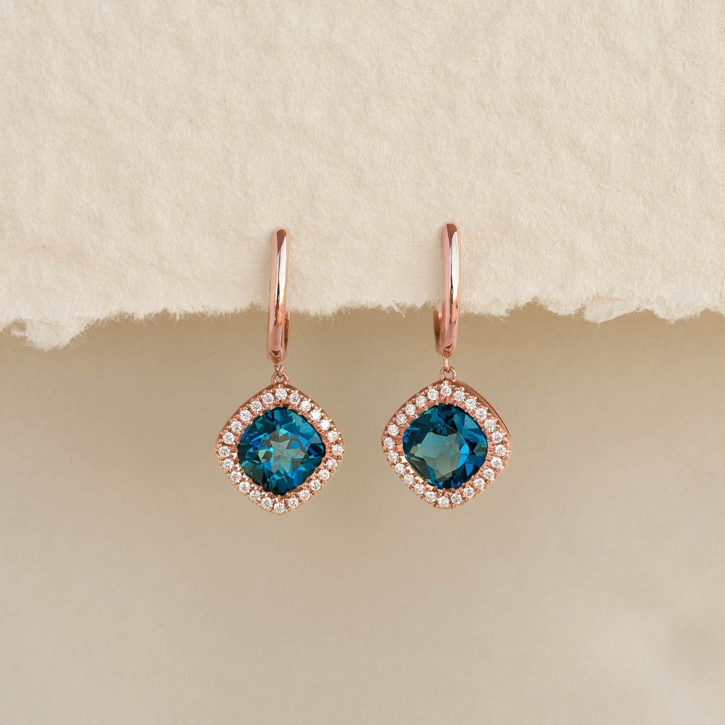 London Blue Topaz and Diamond Halo Drop Earrings Rose Gold - Elvira