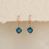 London Blue Topaz and Diamond Halo Drop Earrings Rose Gold - Elvira