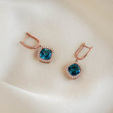 London Blue Topaz and Diamond Halo Drop Earrings Rose Gold - Elvira