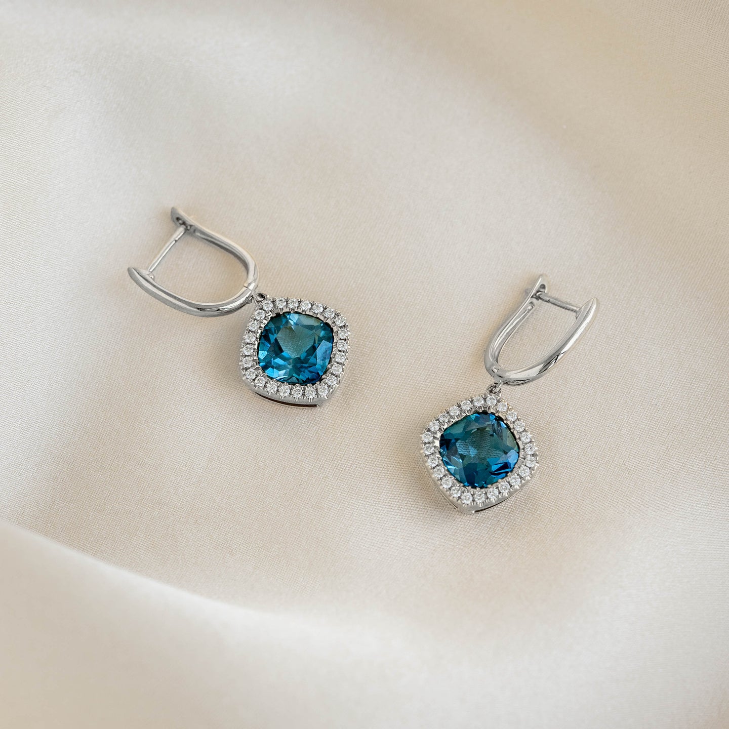 London Blue Topaz and Diamond Halo Drop Earrings White Gold - Elvira