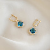 London Blue Topaz and Diamond Halo Drop Earrings 14k Gold - Elvira