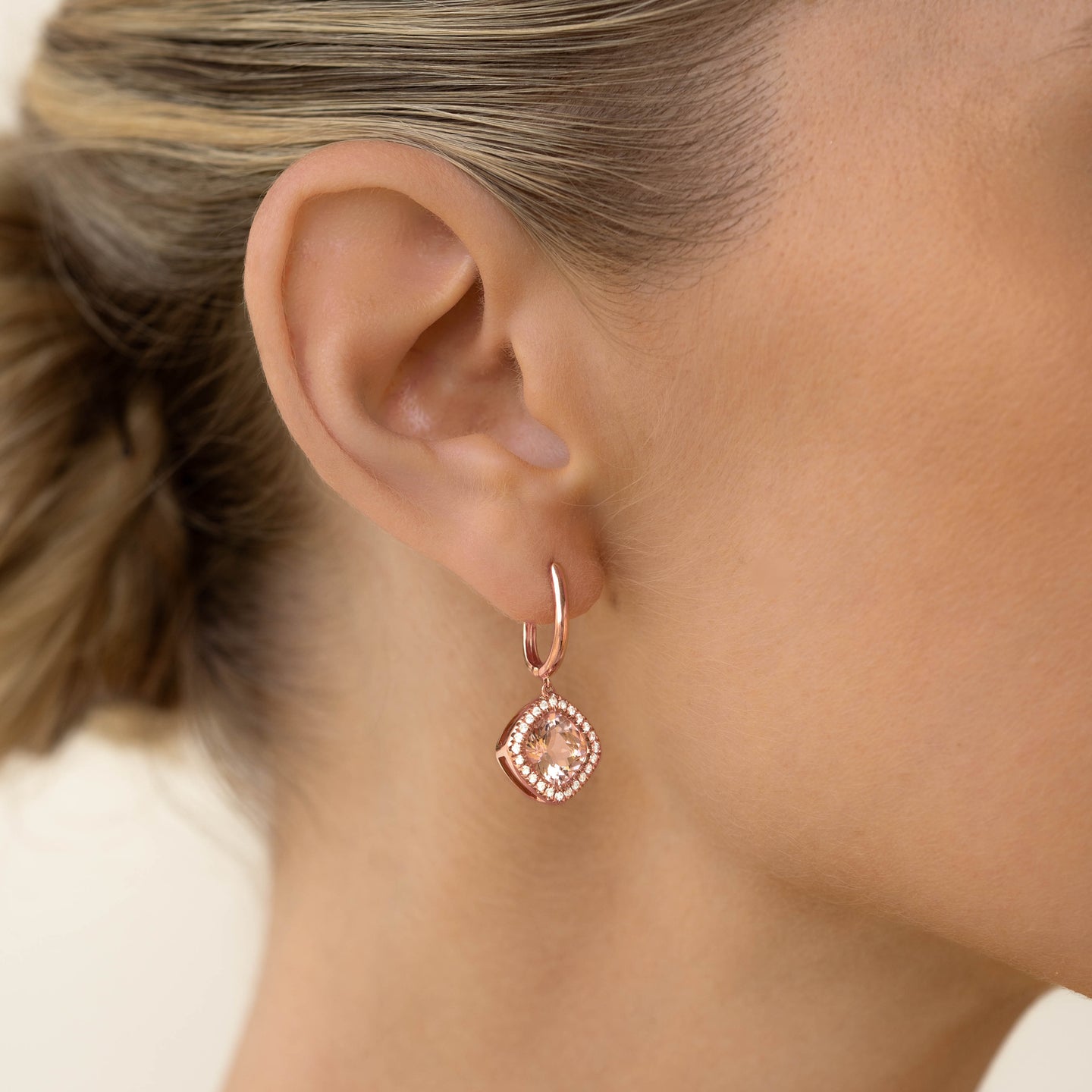 Morganite and Diamond Halo Drop Earrings Rose Gold - Elvira