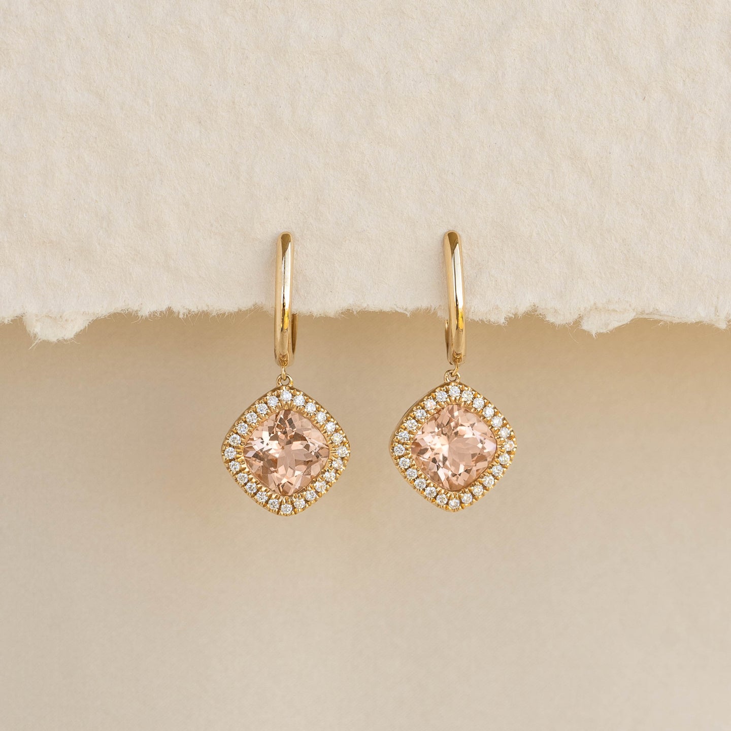 Morganite and Diamond Halo Drop Earrings 14k Gold - Elvira