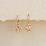 Morganite and Diamond Halo Drop Earrings 14k Gold - Elvira