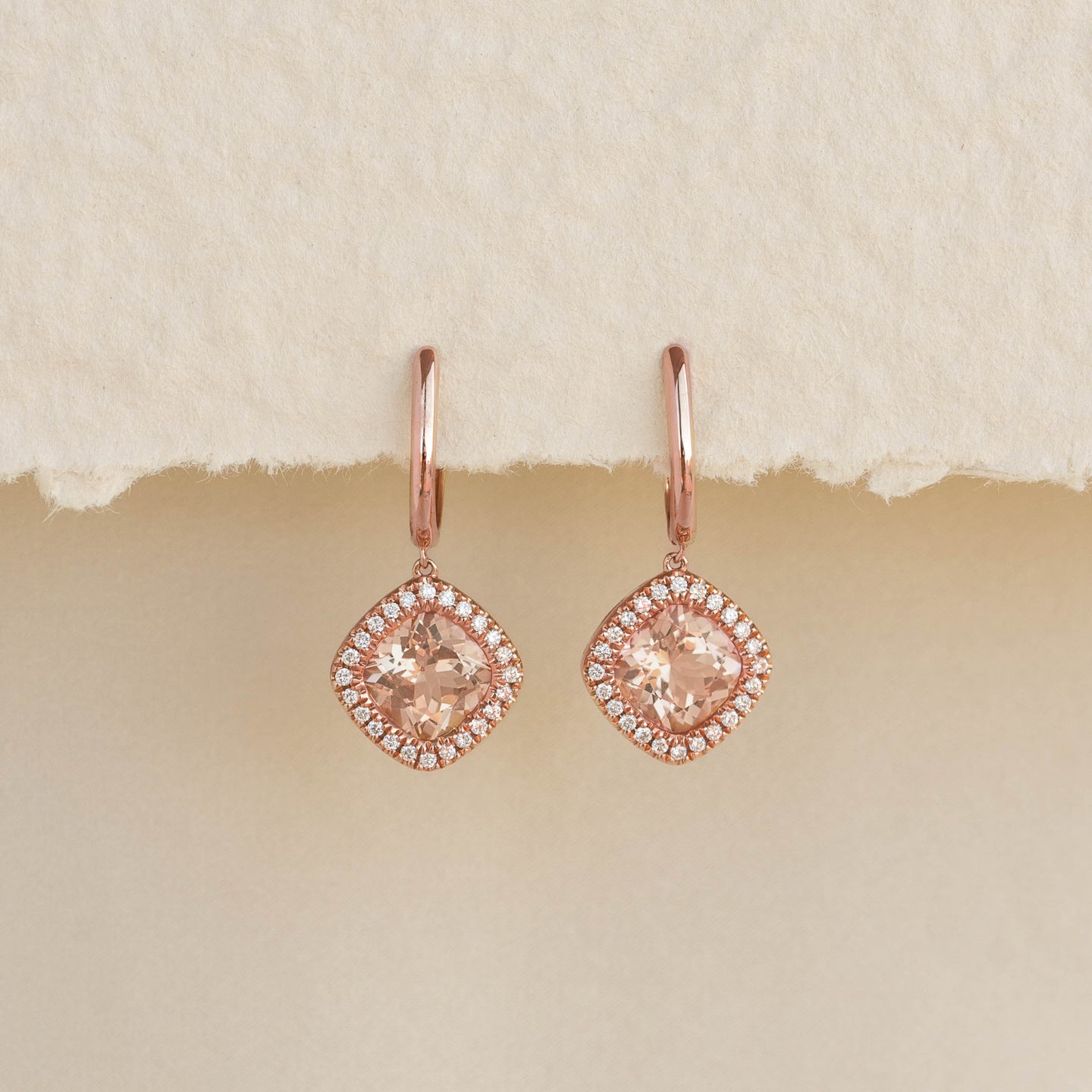 Morganite and Diamond Halo Drop Earrings Rose Gold - Elvira