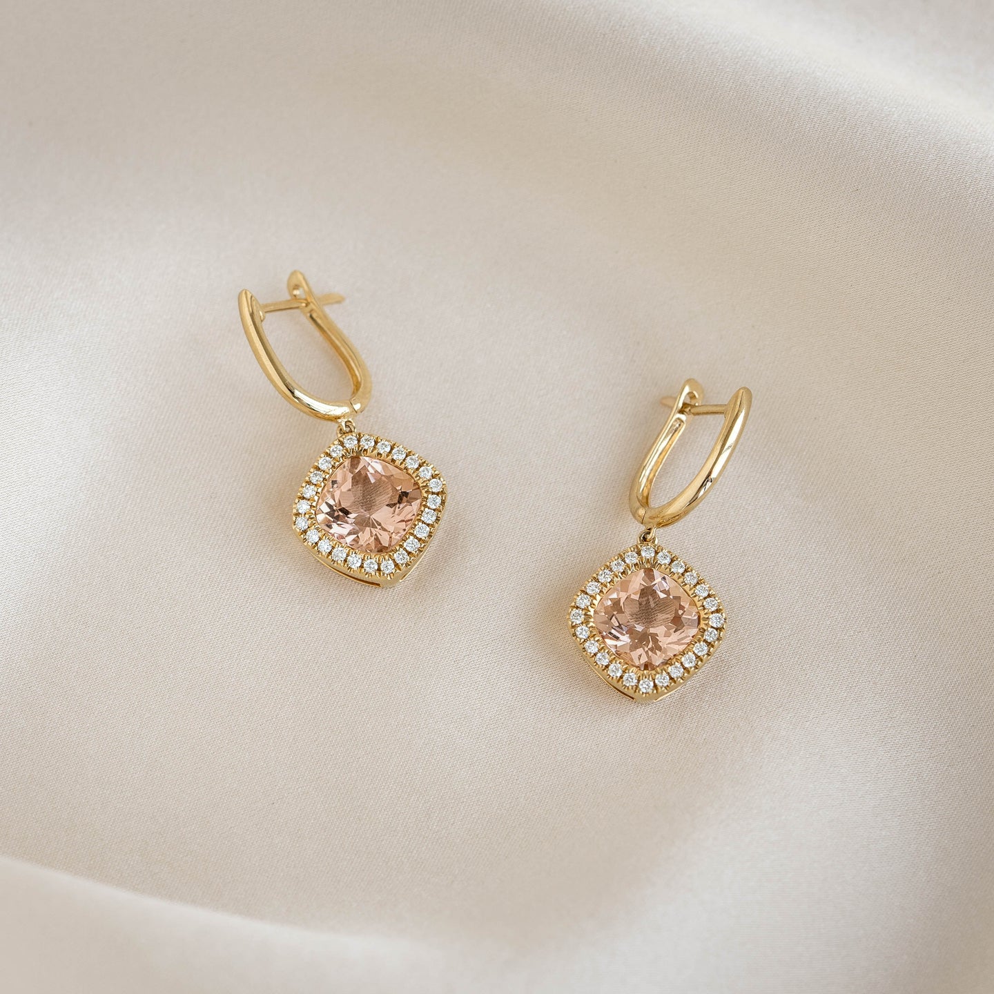 Morganite and Diamond Halo Drop Earrings 14k Gold - Elvira