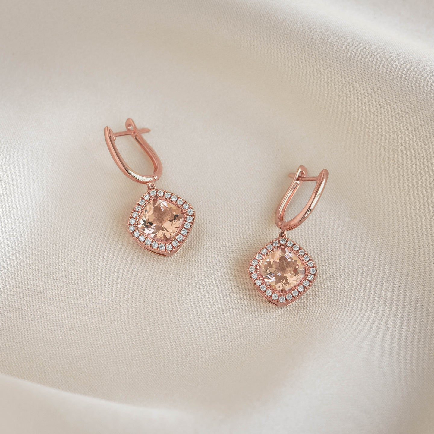 Morganite and Diamond Halo Drop Earrings Rose Gold - Elvira