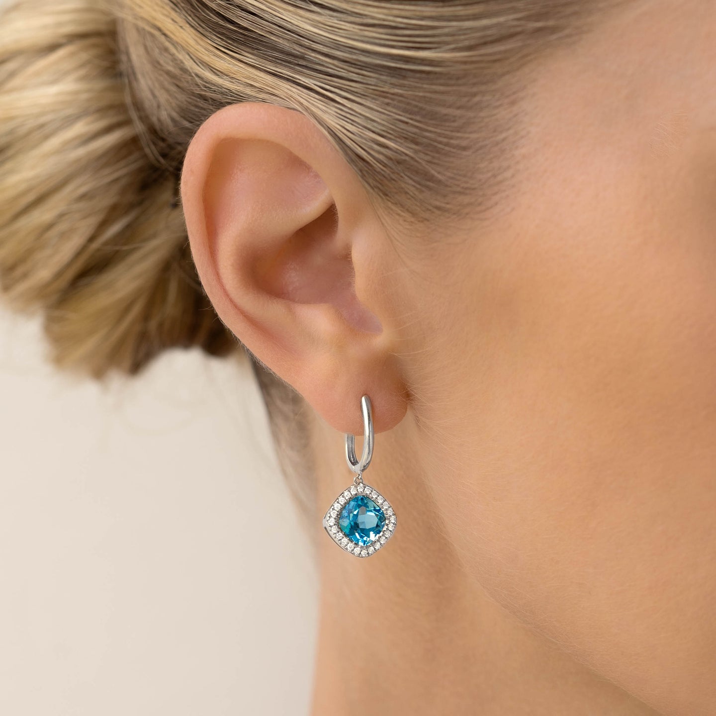 Swiss Blue Topaz and Diamond Halo Drop Earrings White Gold - Elvira