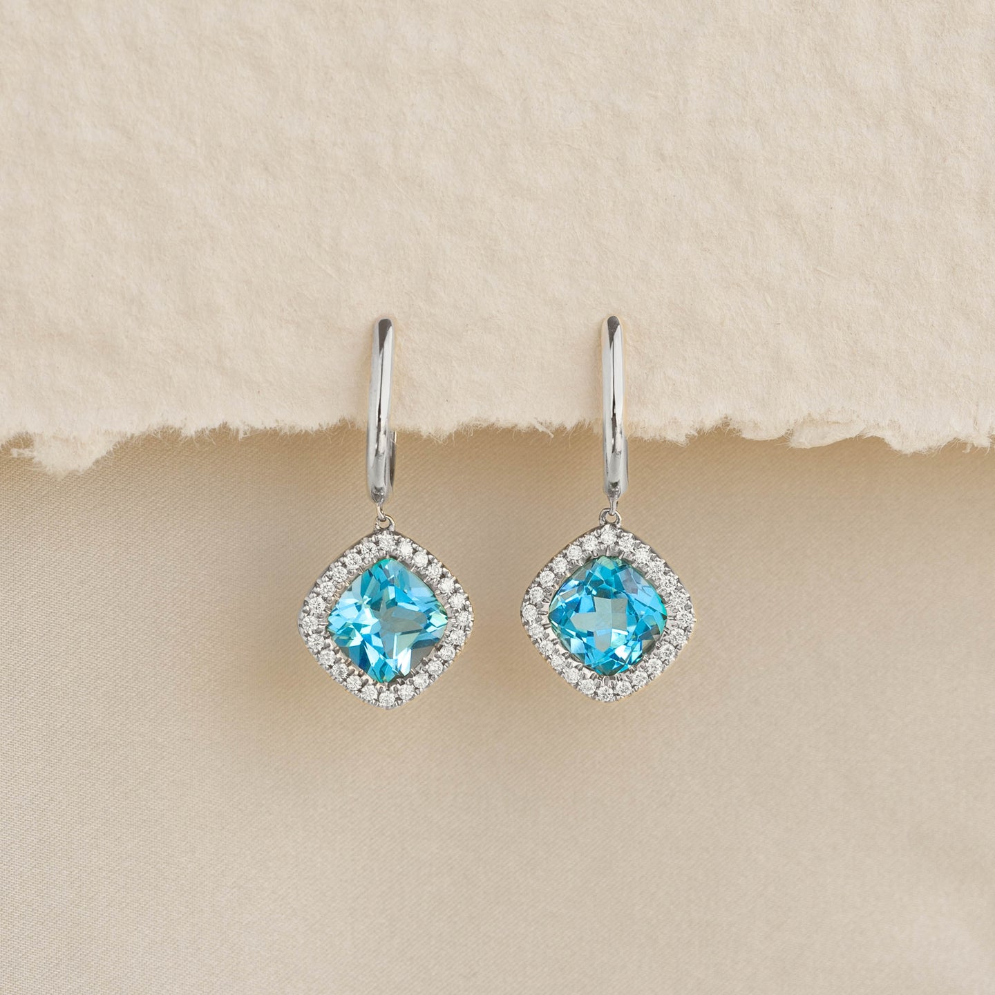 Swiss Blue Topaz and Diamond Halo Drop Earrings White Gold - Elvira