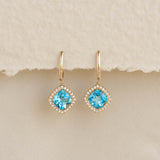 Swiss Blue Topaz and Diamond Halo Drop Earrings 14k Gold - Elvira