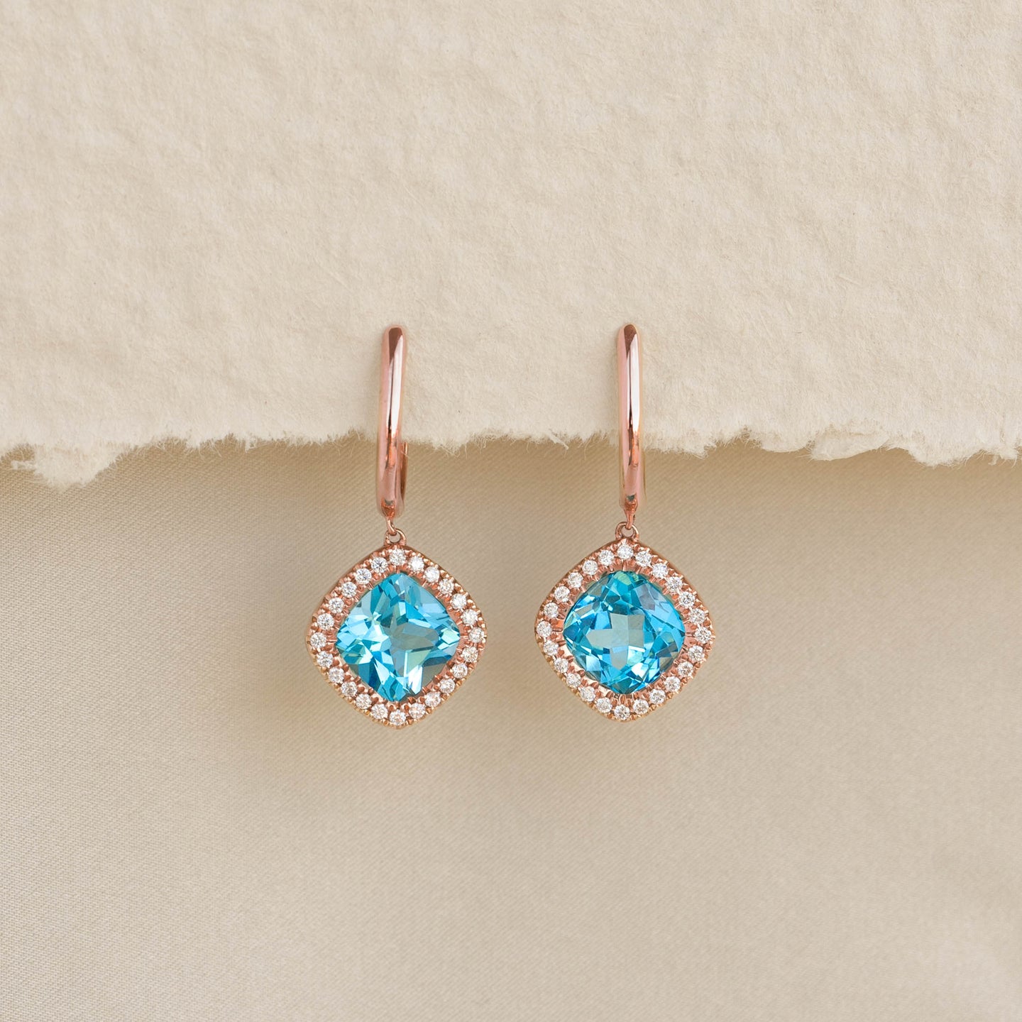 Swiss Blue Topaz and Diamond Halo Drop Earrings Rose Gold - Elvira