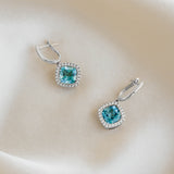 Swiss Blue Topaz and Diamond Halo Drop Earrings White Gold - Elvira