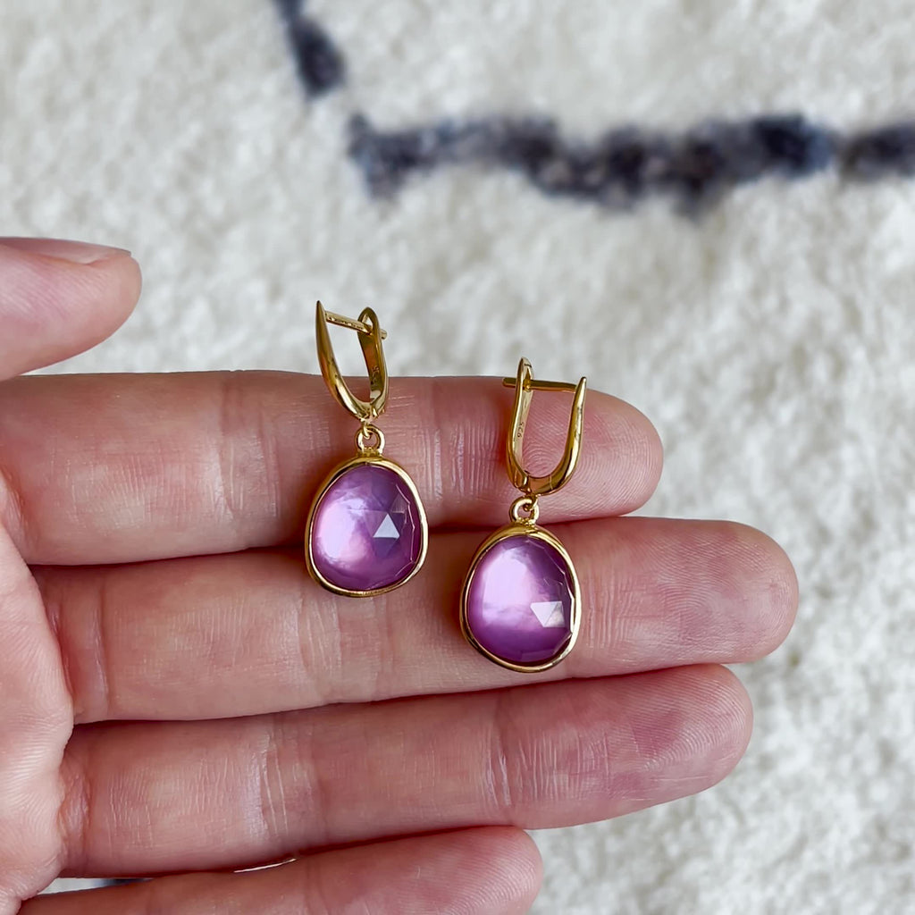 Statement Gold Disc and Stone Drop Earrings / Purple Stone Dangle store Earrings Jewellery Jewelry